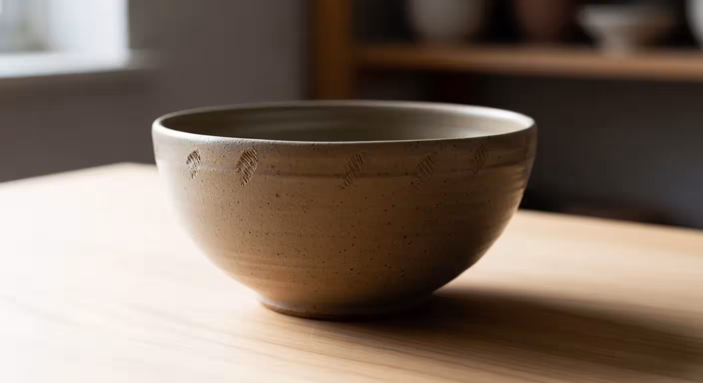 A close-up photograph shows a slightly lopsided, hand-thrown pottery bowl with visible fingerprints in the glaze, sitting on a wooden table.