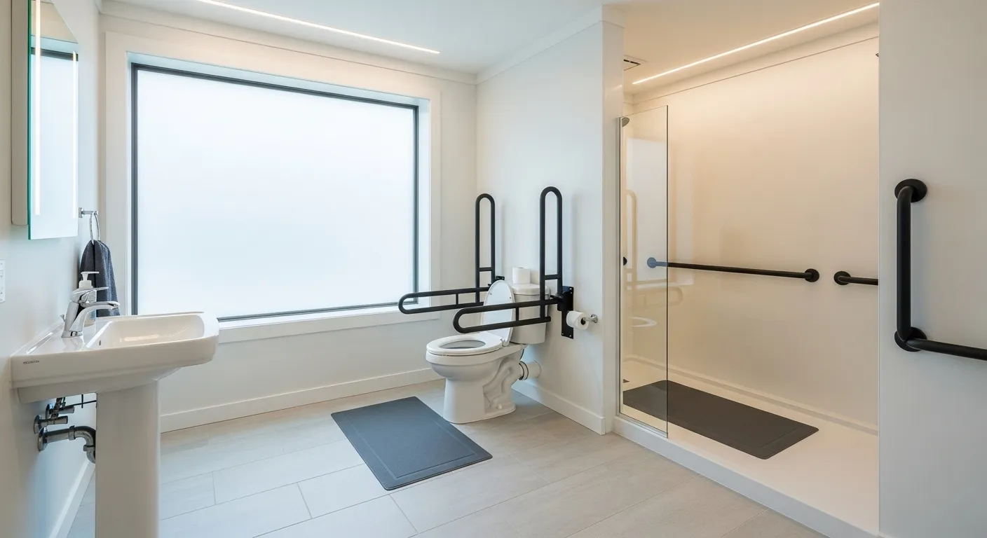 A brightly lit bathroom with grab bars installed near the toilet and shower, non-slip mats on the floor, and a raised toilet seat.