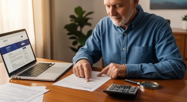 A senior citizen reviewing tax documents at a desk with a calculator and magnifying glass, a laptop showing a government website visible in the background.