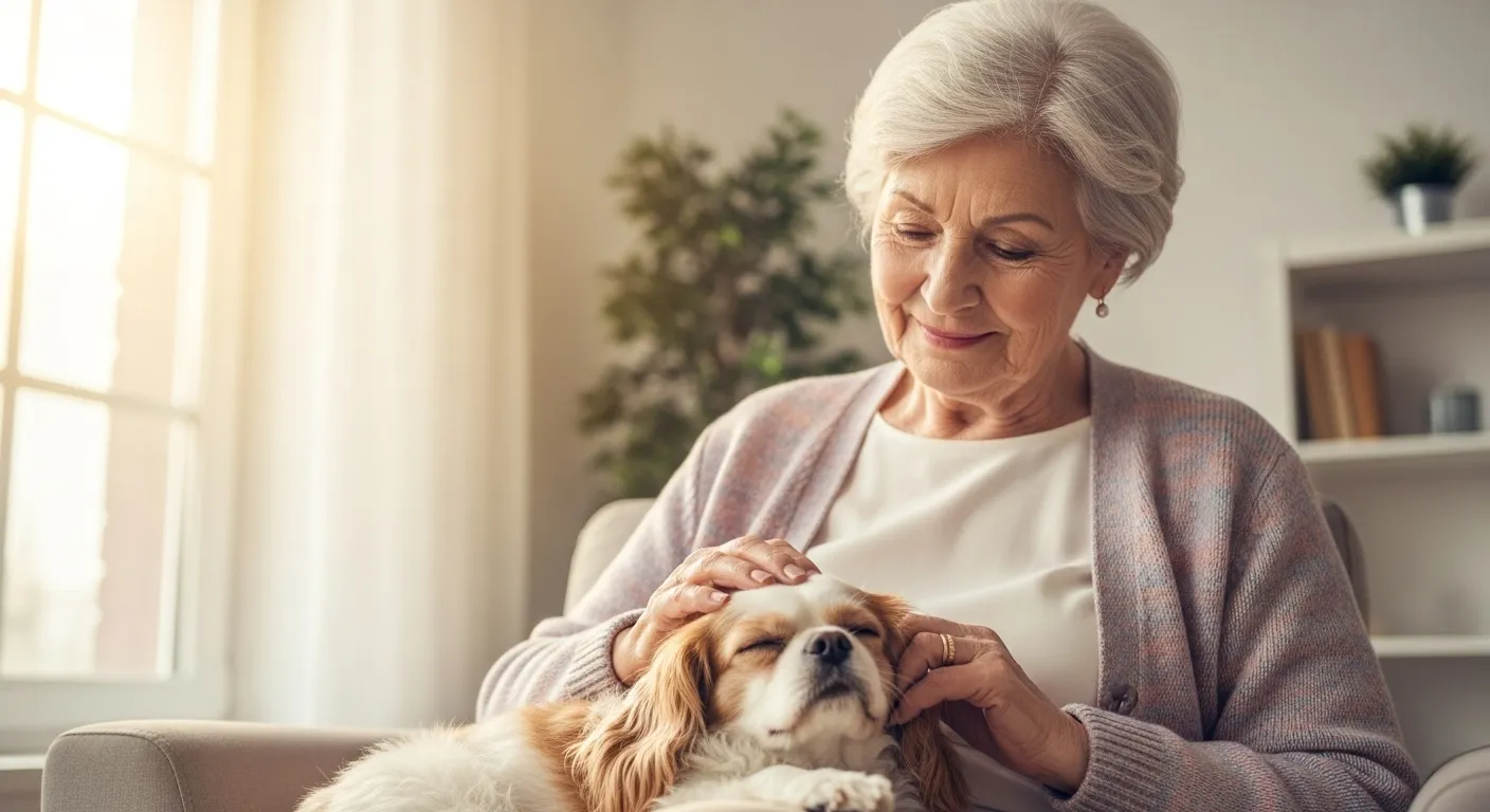 An elderly person peacefully petting a small dog in a sunlit room.
