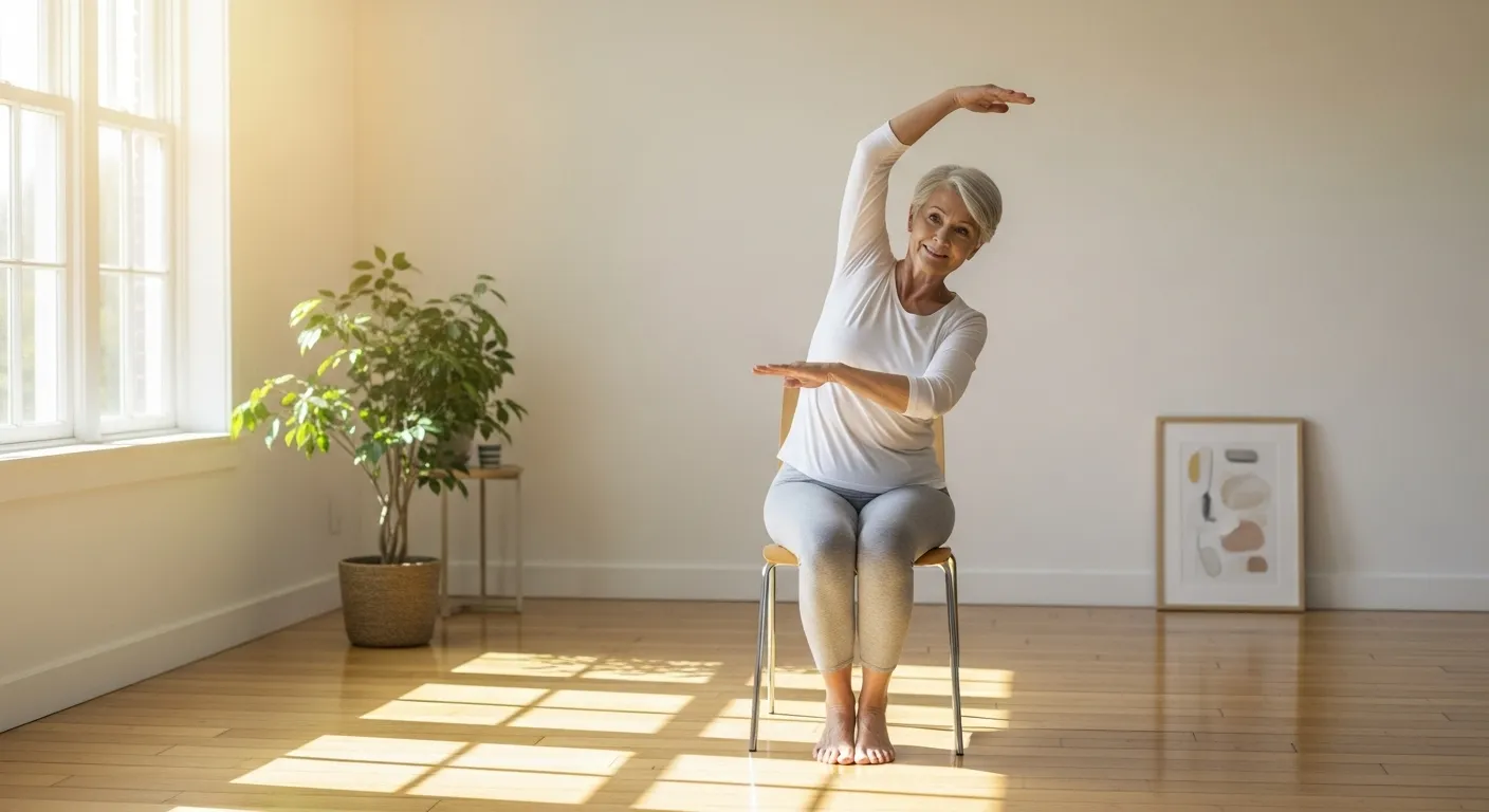 A senior citizen performs gentle chair yoga exercises, seated comfortably in a chair.