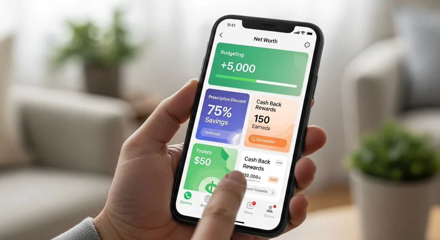 A person's hand holding a smartphone displaying various financial applications with positive indicators, set against a blurred background suggesting a comfortable home environment.