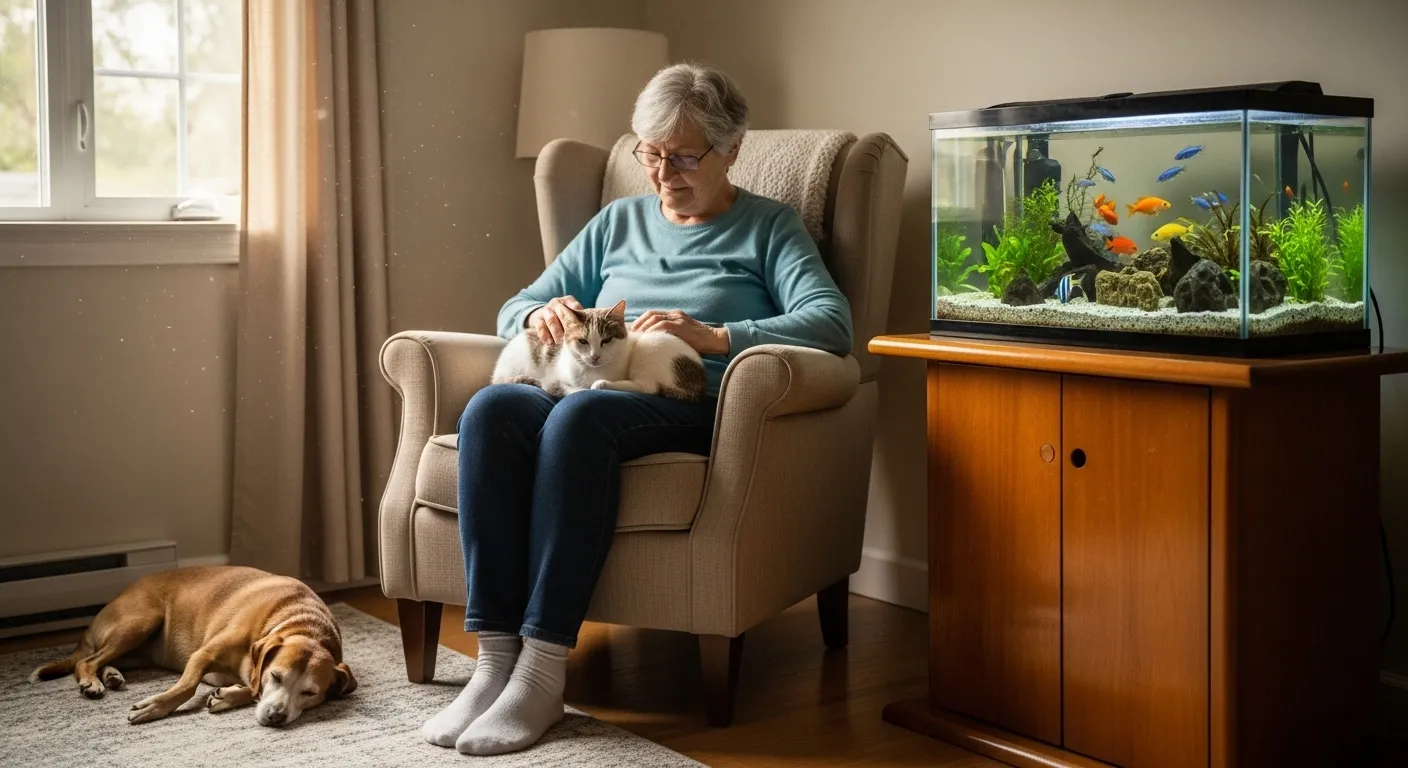 A senior person relaxing at home with a cat in their lap, a small dog at their feet, and a fish tank nearby.