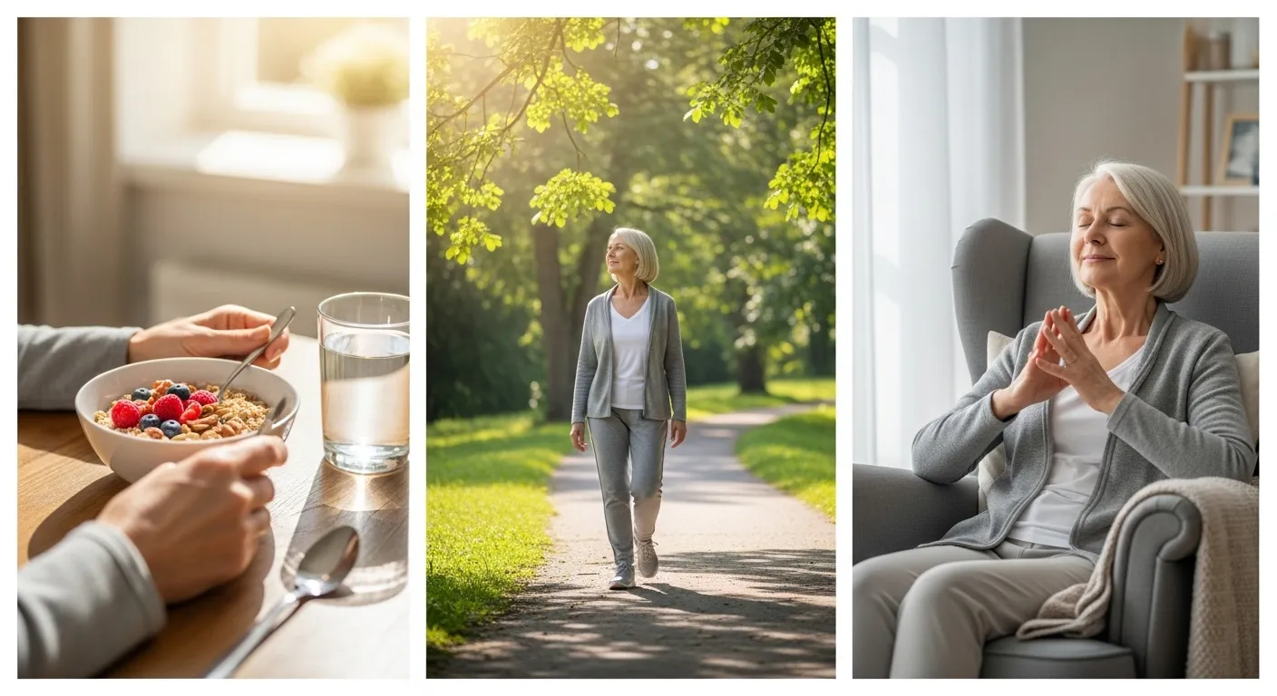 A senior adult person engages in healthy lifestyle choices, including eating a nutritious breakfast, enjoying a walk in nature, and practicing relaxation techniques.