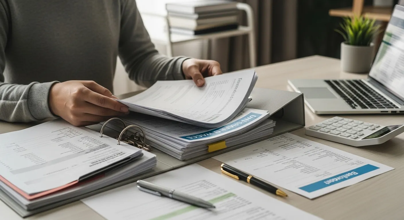 A person sits at a desk reviewing financial documents, a calculator, and a budget spreadsheet.