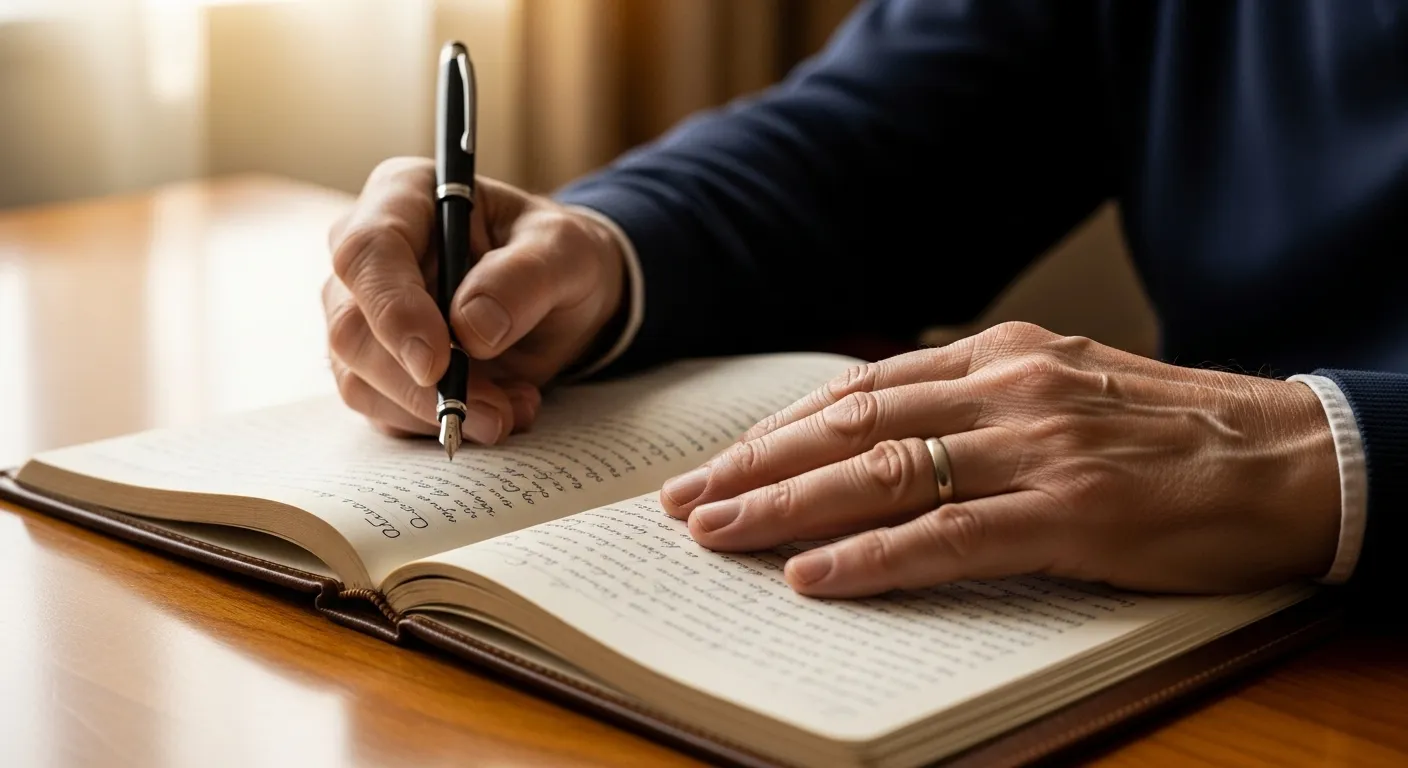 A close-up shot of an elderly man's hands writing in a leather-bound journal with a fountain pen, surrounded by old photographs.