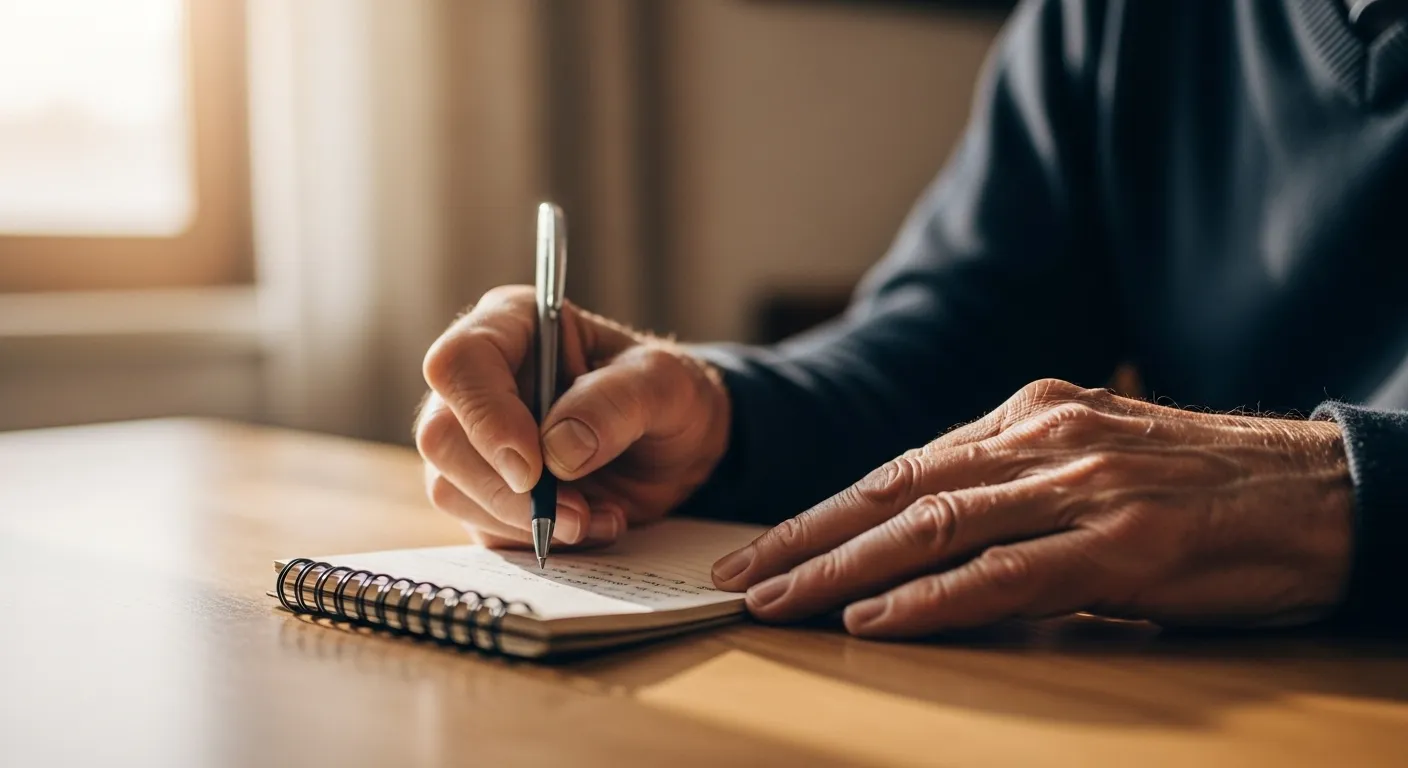 An elderly man sits at a kitchen table, writing in a small spiral notebook.