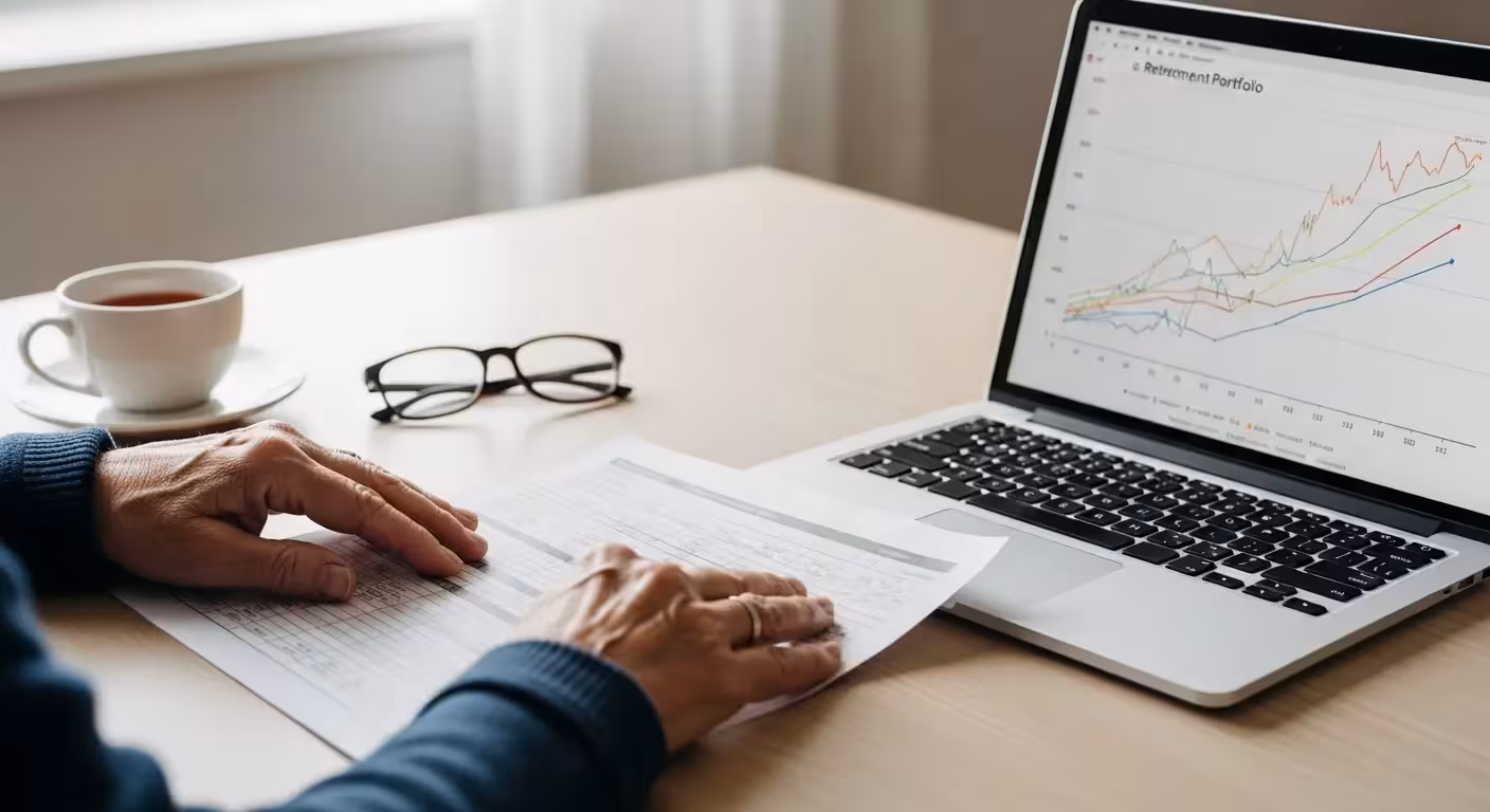 A senior citizen examines financial documents, such as a budget and investment statements, while sitting at a desk with a computer.