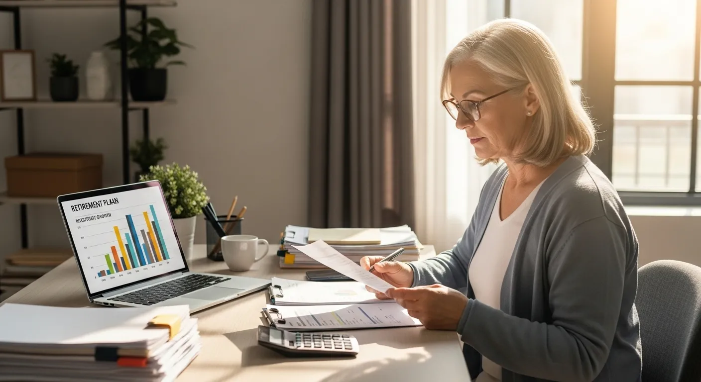 A senior person sits at a well-organized desk reviewing financial documents, with a laptop showing a retirement plan visible nearby.