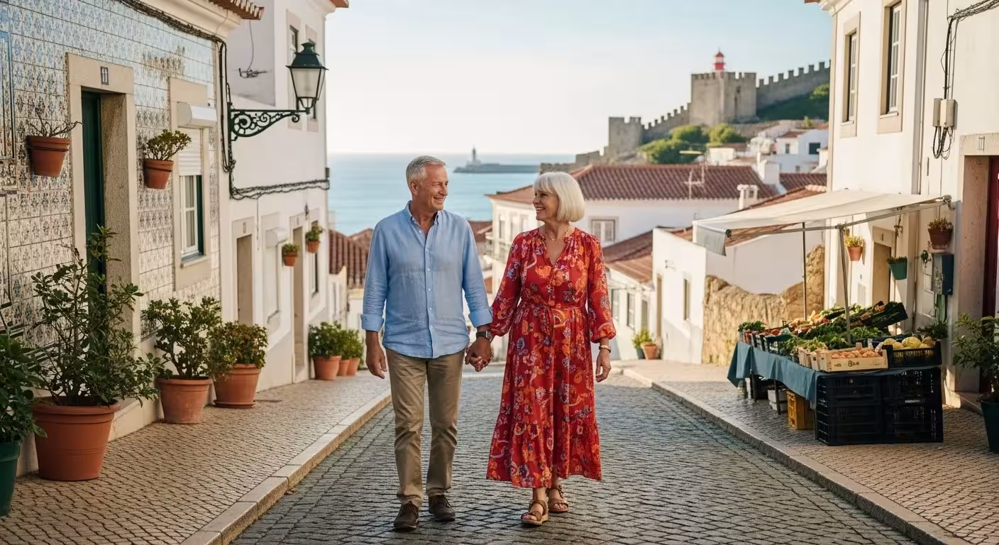 An elderly couple sits on a bench overlooking a sun-drenched cobblestone street in a Portuguese town, near the ocean.