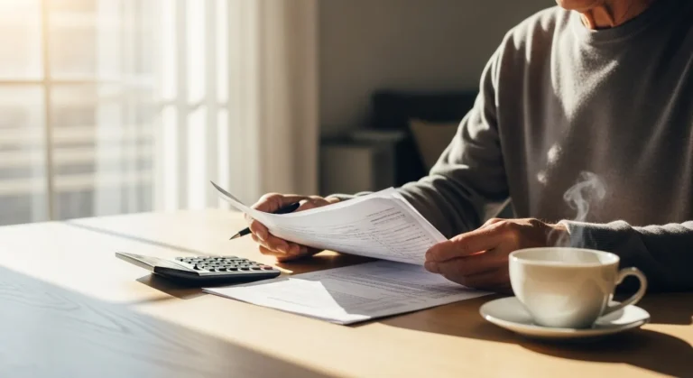 An older person sits at a table reviewing paperwork and using a calculator, with a cup of tea nearby.