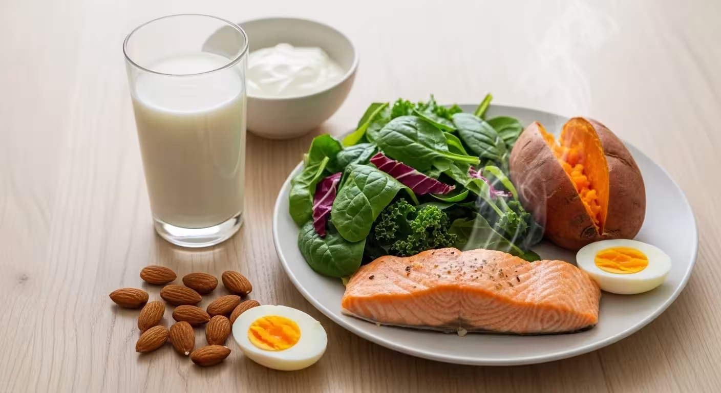 A balanced meal featuring salmon with edible bones, yogurt, leafy greens, a baked sweet potato, almonds, and a hard-boiled egg, accompanied by a glass of fortified milk.