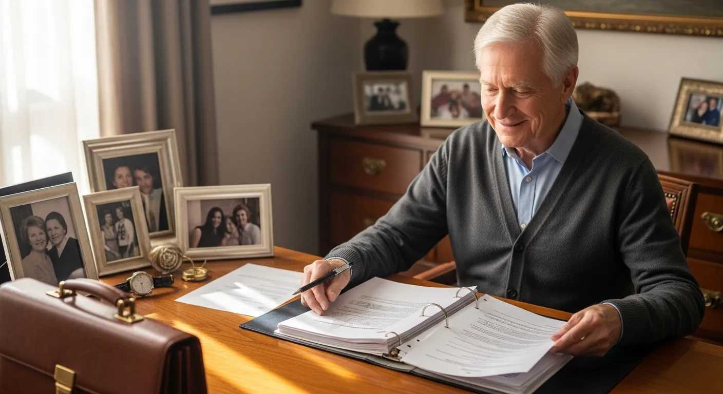 A senior adult sits at a desk surrounded by family photos and legal documents, suggesting estate planning.