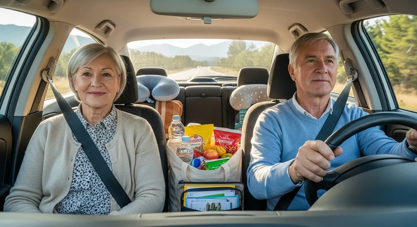 A well-organized car interior with a comfort kit, a bag of snacks and drinks, and a folder containing important documents.