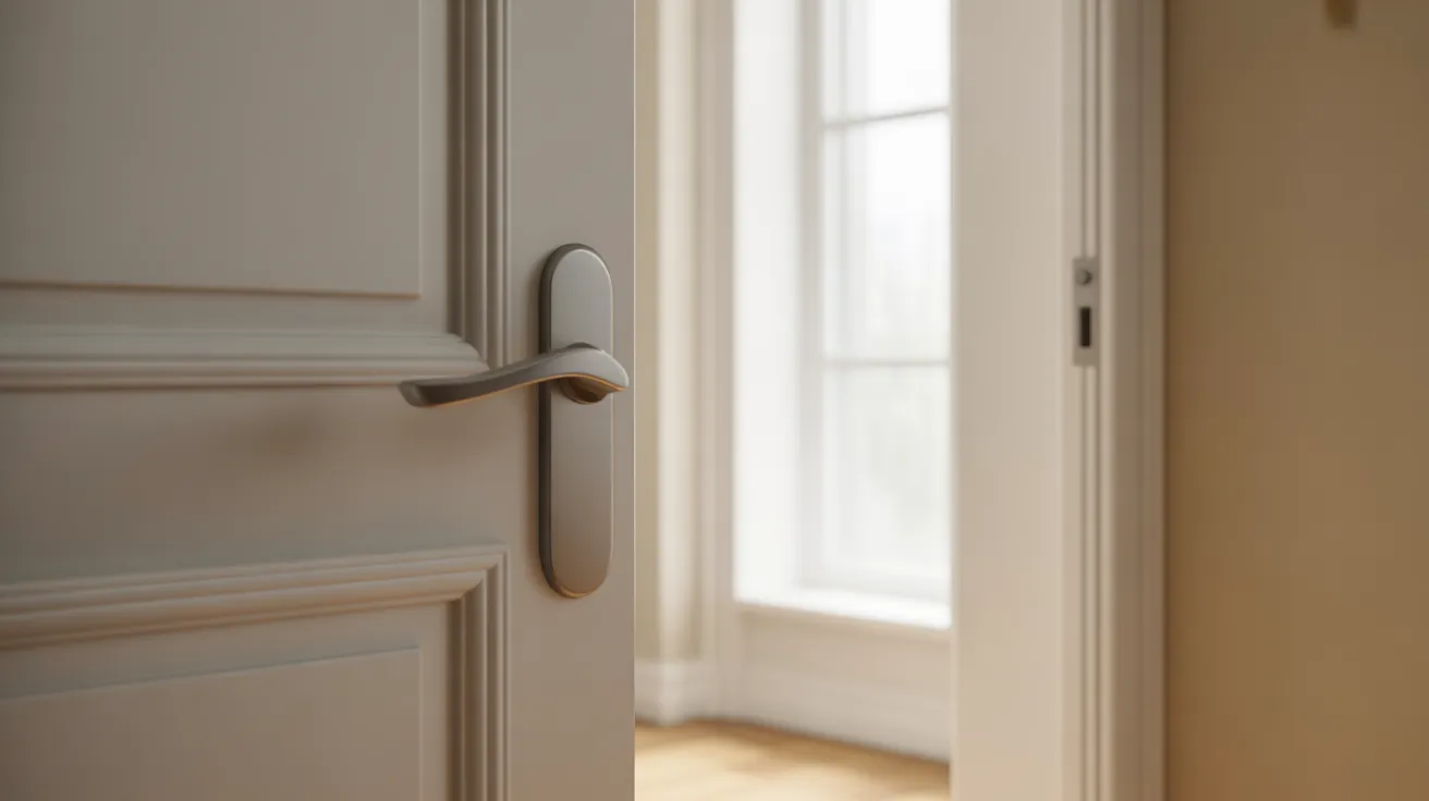 A modern, brushed-metal lever-style door handle on a white door in a well-lit, neutral-toned hallway.