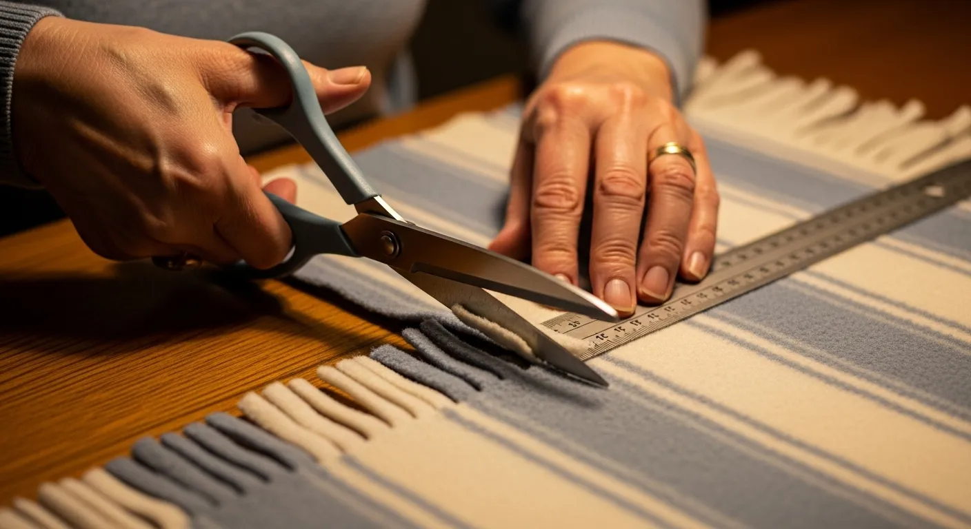 Close-up on a pair of hands carefully cutting fleece fabric into strips with scissors on a softly lit table.