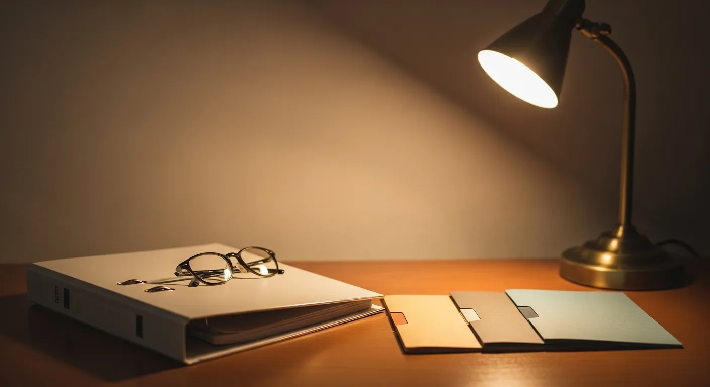 A thick binder and three thin folders on a desk with reading glasses, symbolizing the consolidation of financial accounts.