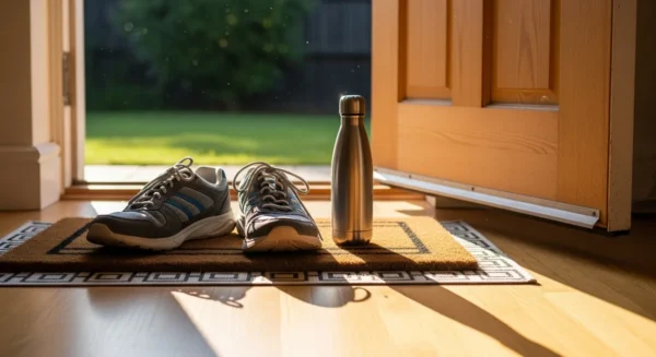 A pair of walking shoes and a water bottle sit by a door, bathed in bright morning sunlight, ready for a walk.