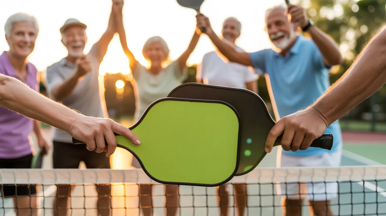 Two pickleball paddles touch over the net in a friendly tap, with smiling seniors blurred in the background during a sunny evening game.