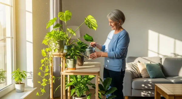 A smiling senior woman stands in a bright living room, watering her collection of indoor plants.