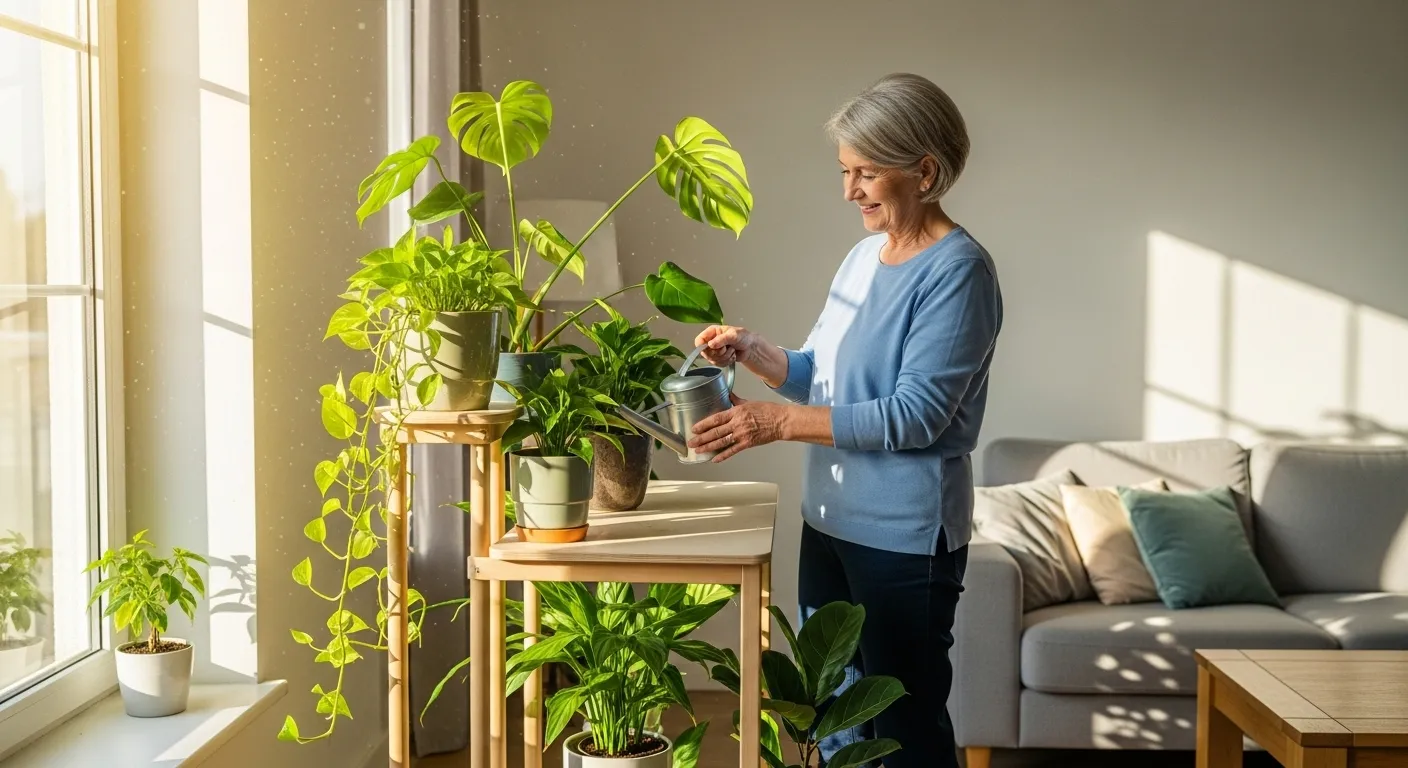 A smiling senior woman stands in a bright living room, watering her collection of indoor plants.