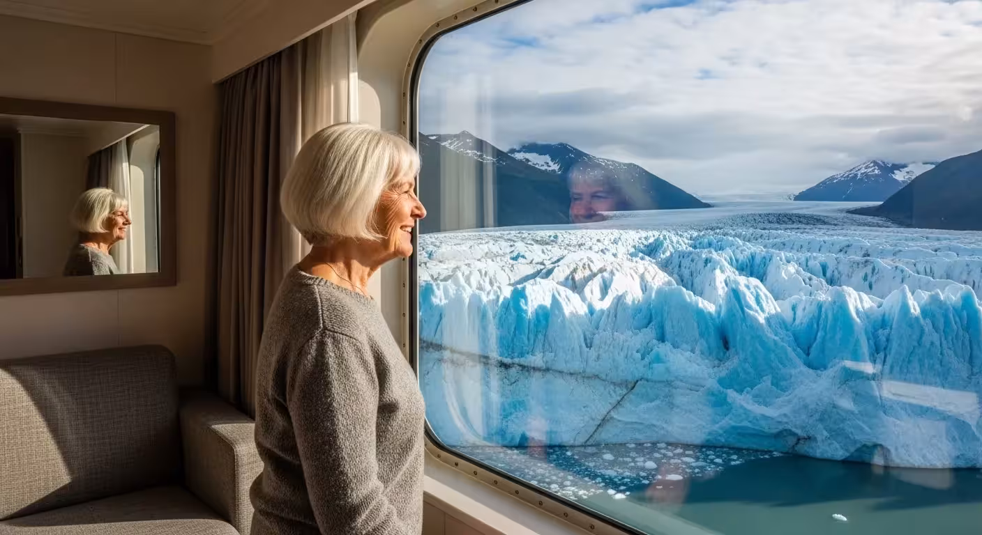 A senior woman's smiling reflection is visible in a cruise ship window that looks out onto a massive glacier in Alaska.