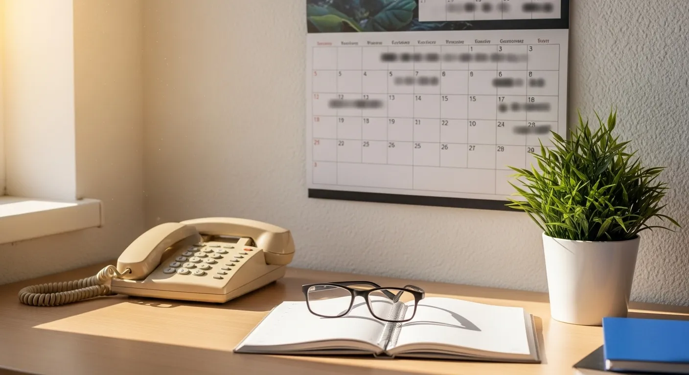 A bright home office corner with a blurred wall calendar and reading glasses on a planner, suggesting organizing a health appointment.