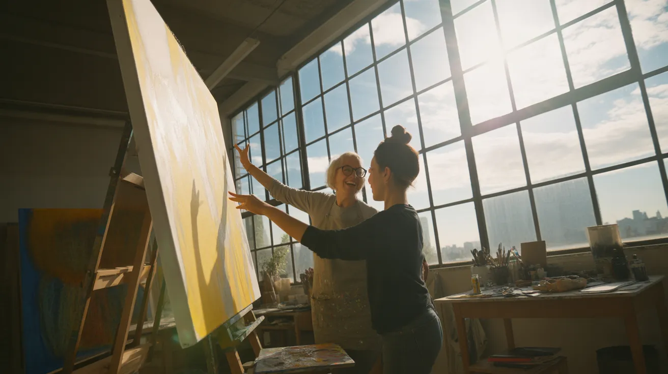 An older artist and a younger person in a bright, messy studio, looking at a large canvas on an easel under harsh sunlight.