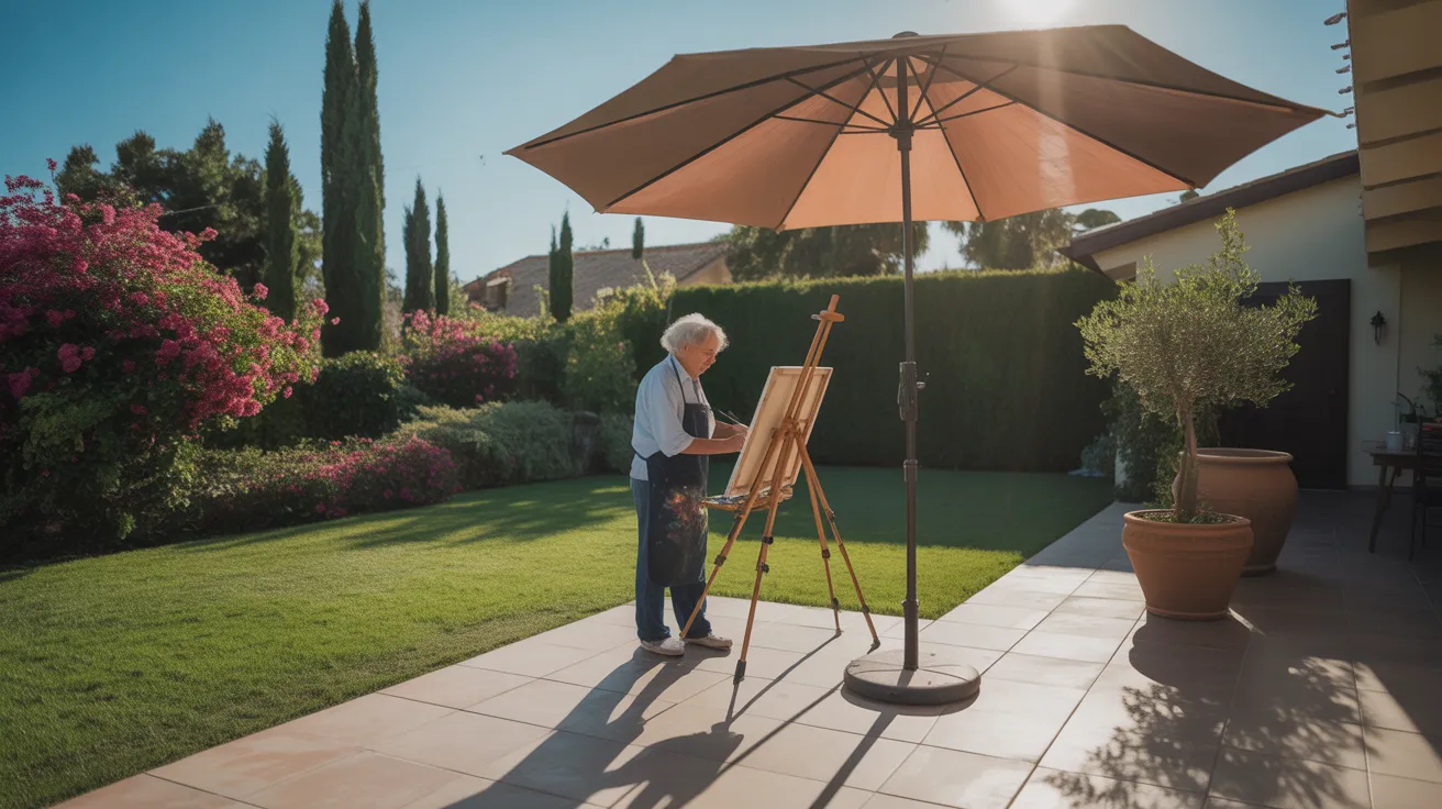 An ultra-wide view of a senior intently painting on a canvas in a beautiful, sunny backyard garden at midday.