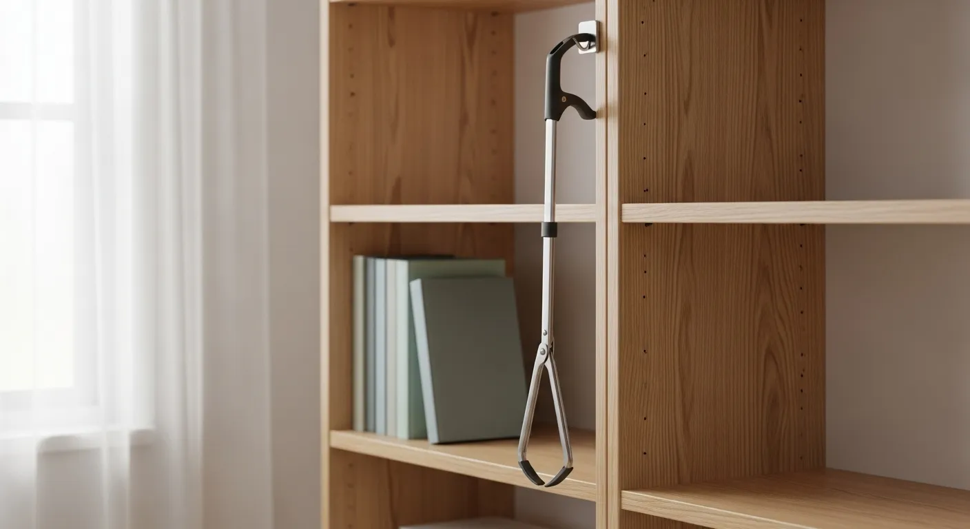 An assistive reacher tool hangs on a hook on the side of a bookshelf, ready for daily use in a clean, sunlit room.