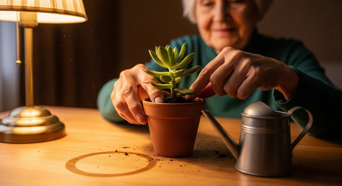 Close-up of a senior's hands caring for a small houseplant under the warm light of an evening lamp.