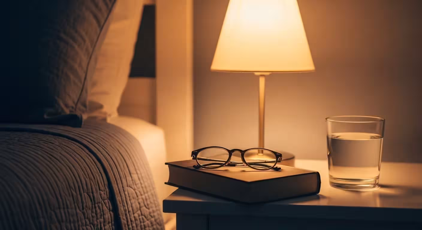 A softly lit bedside table at night with a lamp, a book with reading glasses, and a glass of water next to a neatly made bed.