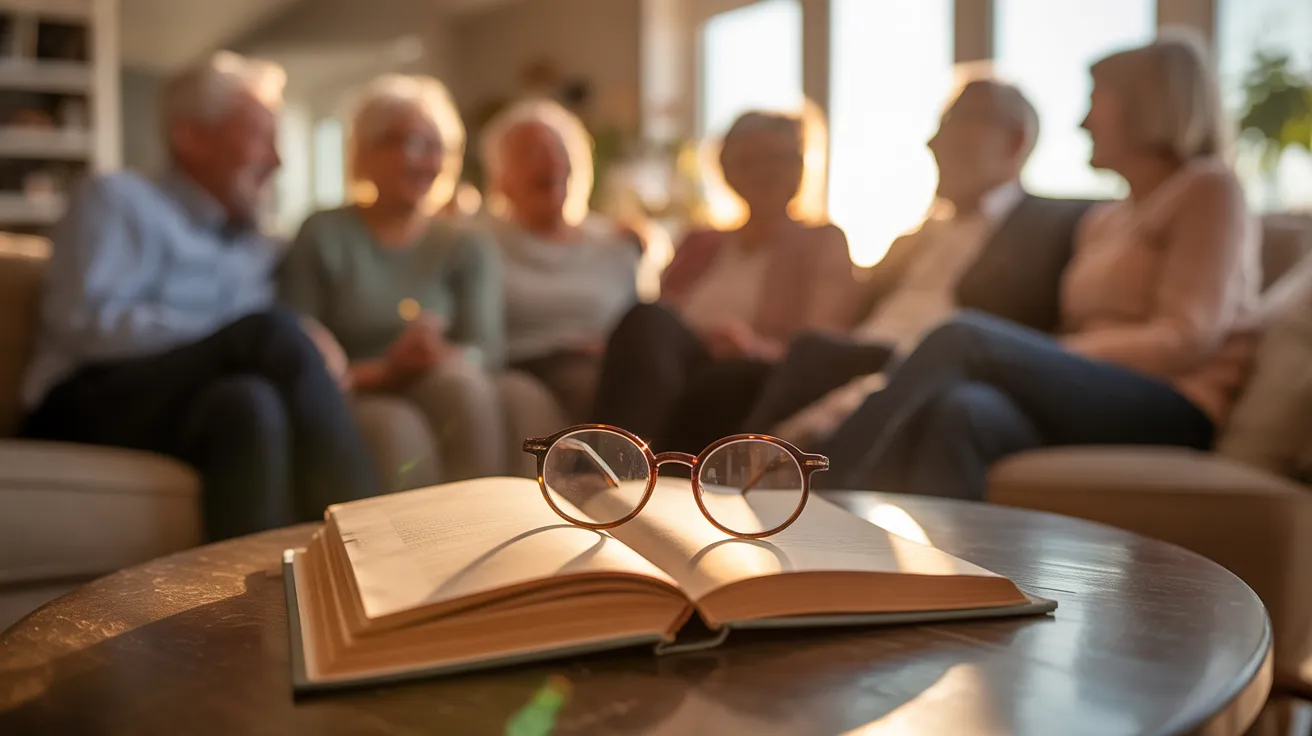 A book and reading glasses on a coffee table, with a group of friends chatting happily on a couch in the warm background light of sunset.