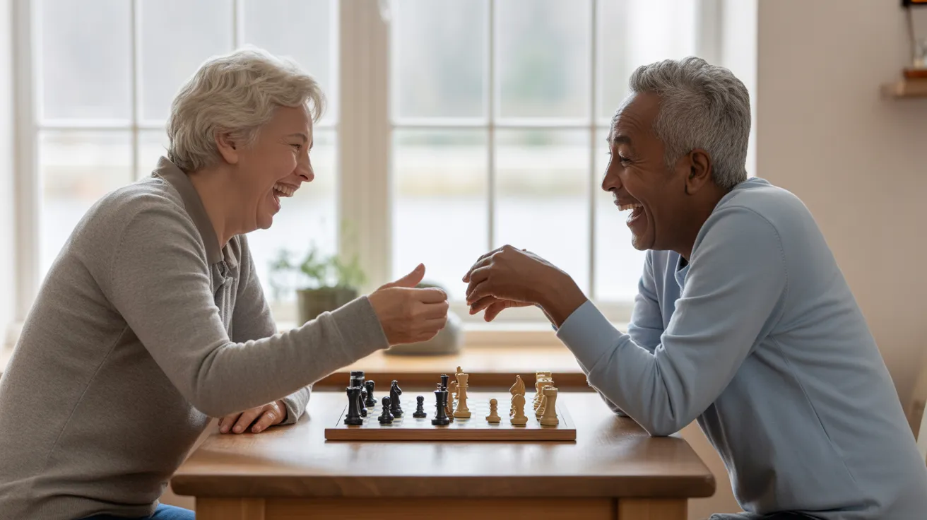 Two smiling seniors sit opposite each other at a kitchen table, laughing during a game of chess. The room is filled with soft, natural light.