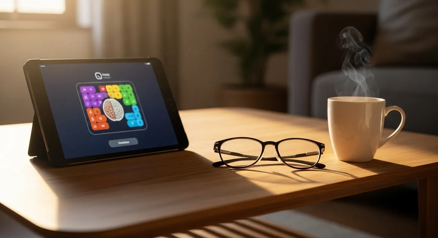A tablet displaying a blurred brain game sits on a coffee table next to reading glasses and a mug, in a sunlit living room.