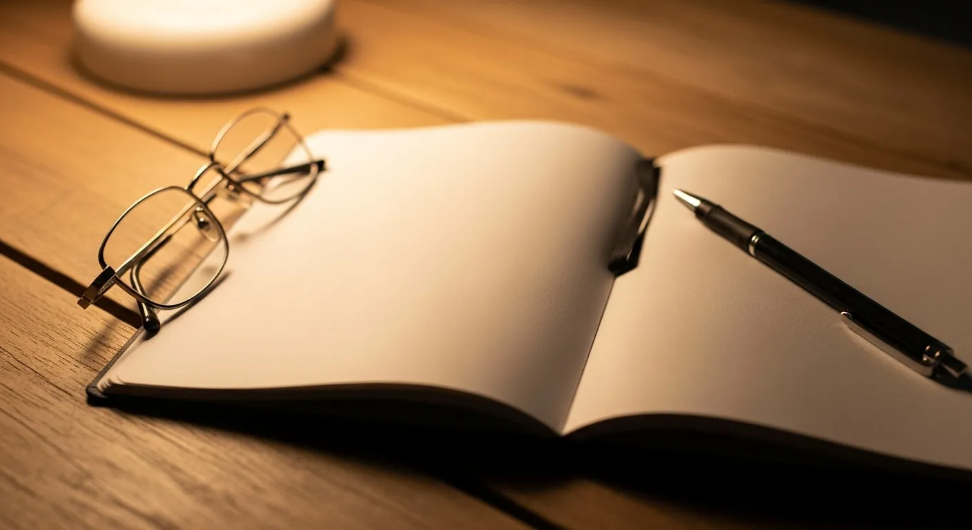 A detail shot of a blank notebook, a pen, and reading glasses on a table, lit by the warm glow of a lamp at night.