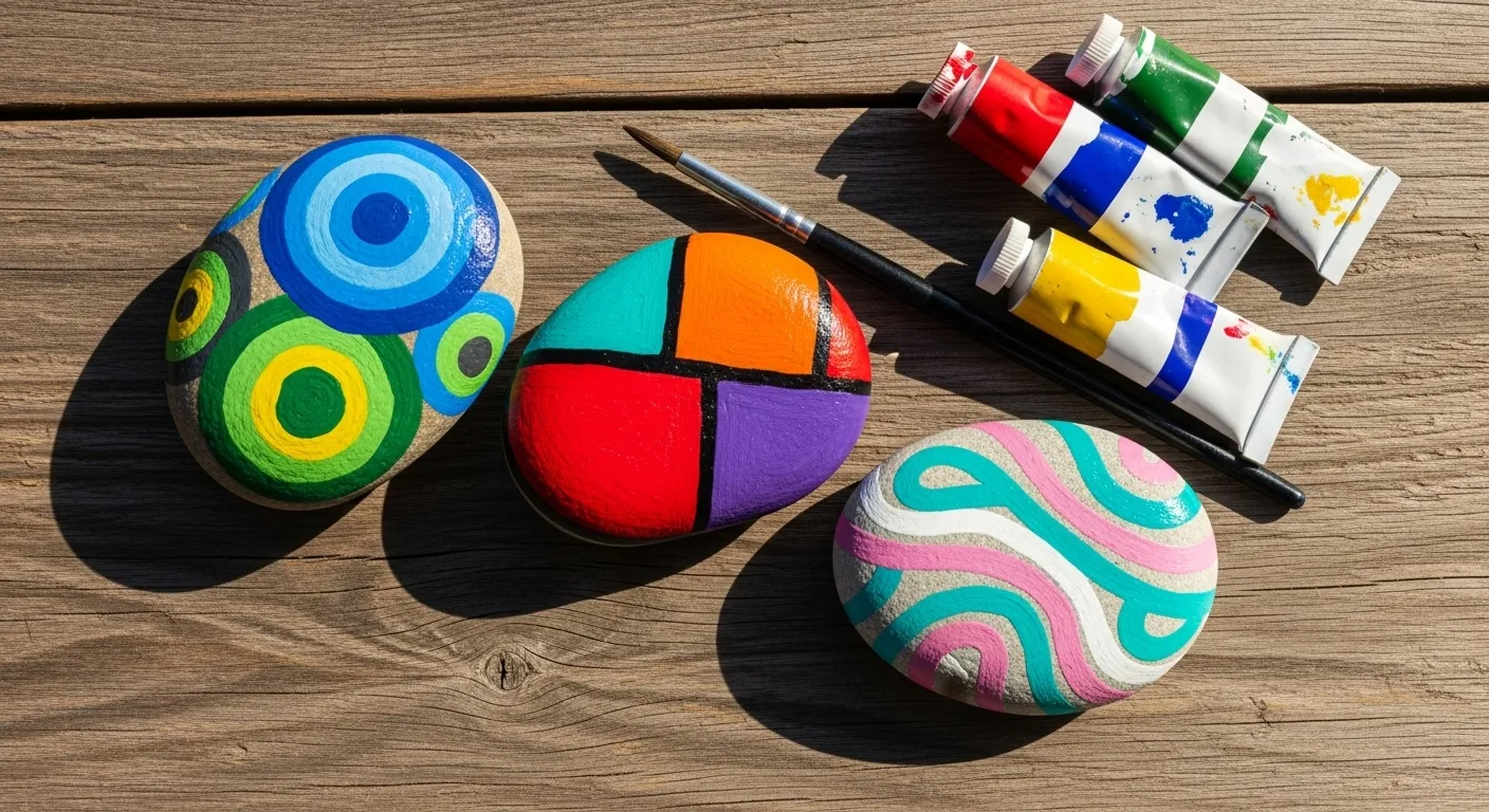 An overhead view of several small stones painted with colorful abstract designs, lying next to simple art supplies on a wooden table.