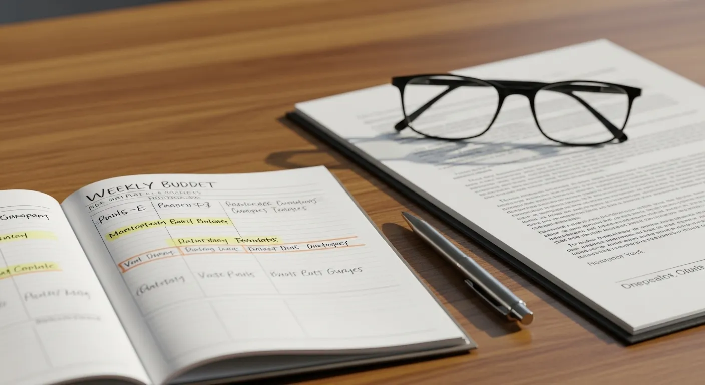A close-up of a desk with a weekly planner, pen, and reading glasses on a blurred official document, signifying financial organization.