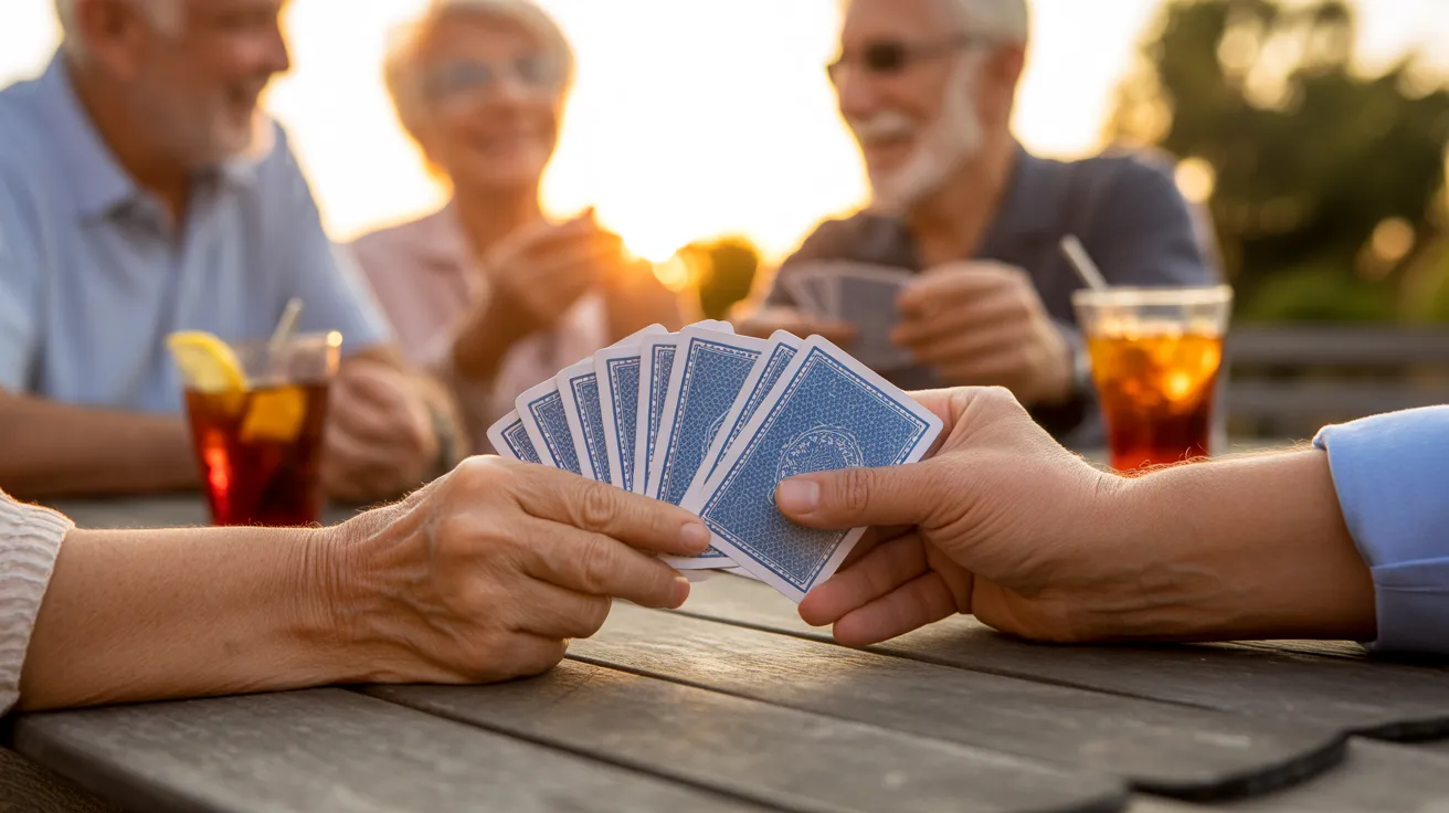 A close-up of two older adults' hands holding playing cards during a friendly game on a patio at sunset.