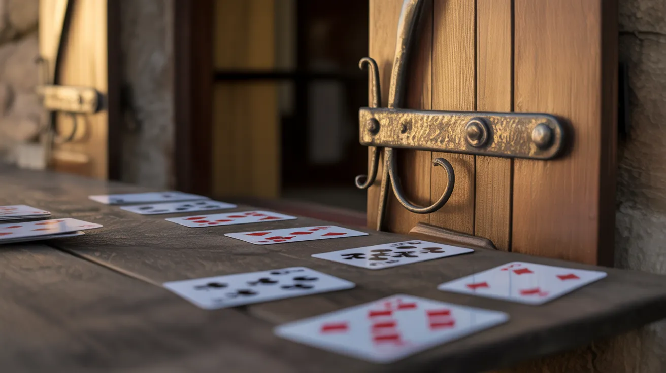 Playing cards arranged for a game on a rustic outdoor table next to a window shutter with an iron hinge, lit by warm sunset light.