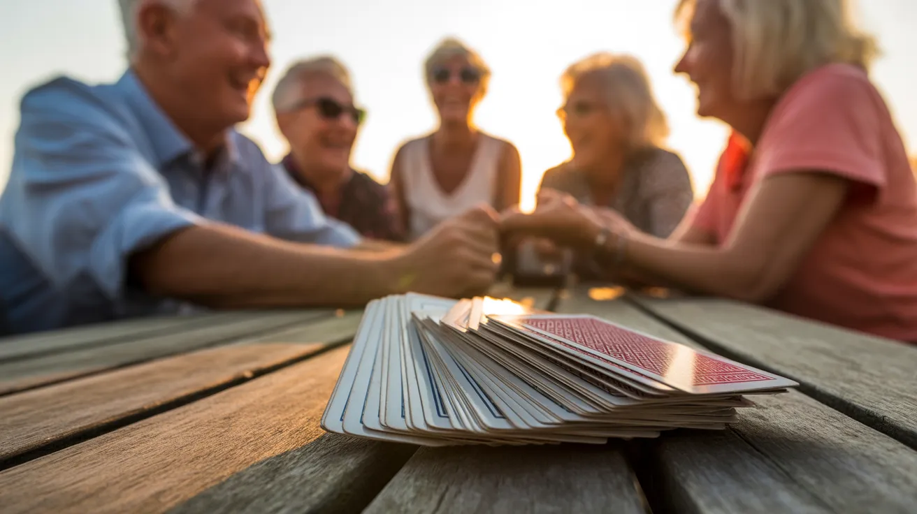 A hand of playing cards lying on a patio table at sunset, with a group of friends laughing in the background.