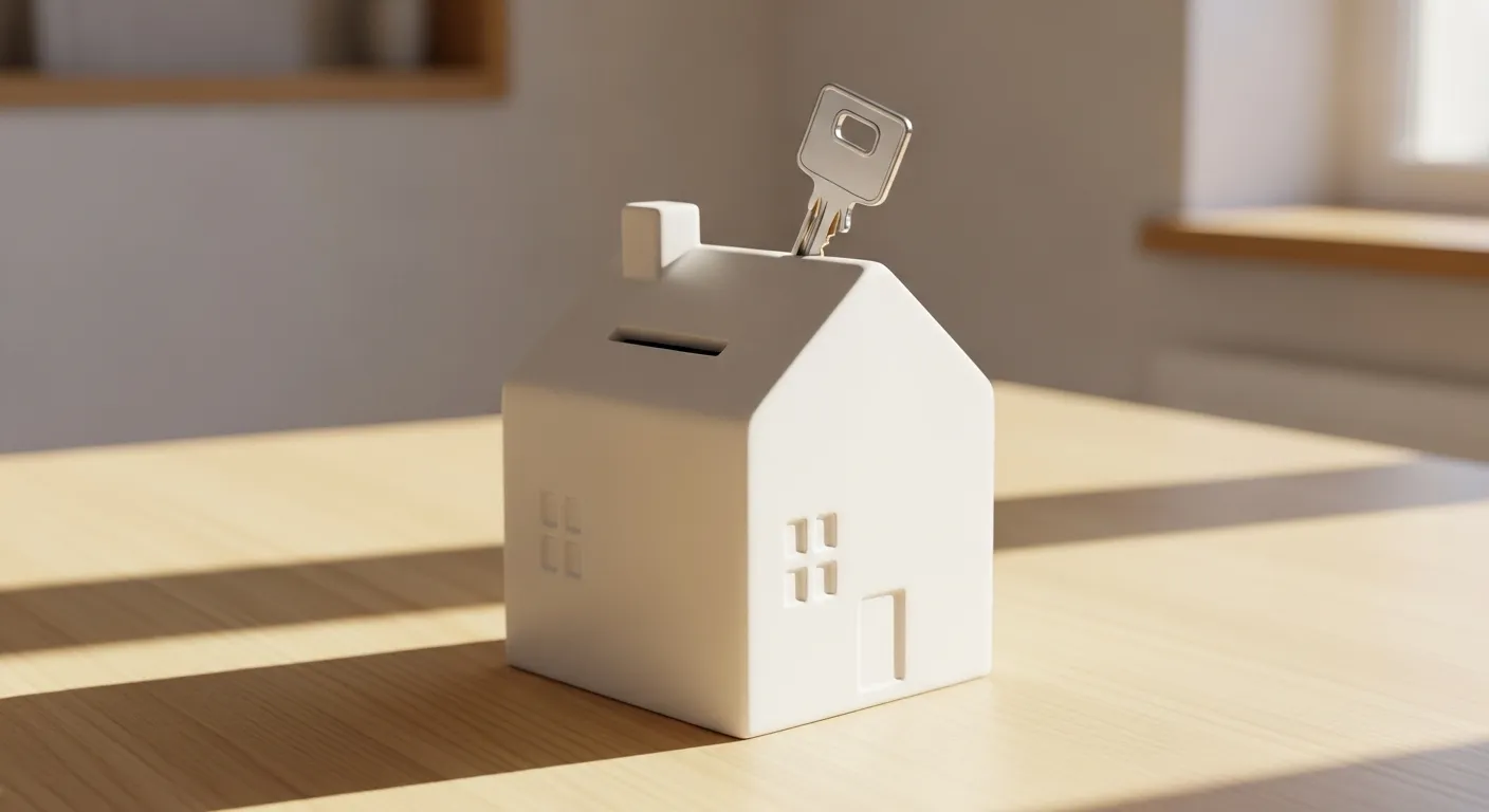 A white, house-shaped piggy bank with a key in its slot, sitting on a wooden table in the morning sun, symbolizing a financial safety net.