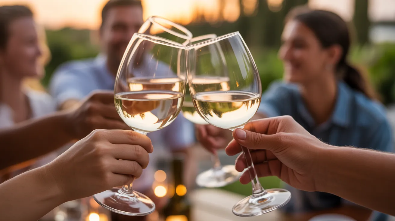 A close-up of three wine glasses about to clink in a toast on a patio during a beautiful golden hour sunset.