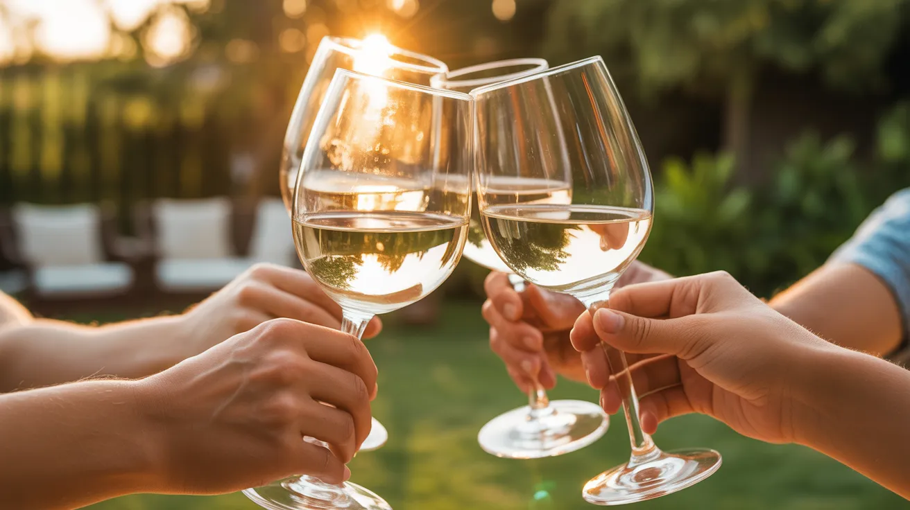 Three wine glasses touching in a toast outdoors during a beautiful golden hour sunset, with a soft-focus garden background.