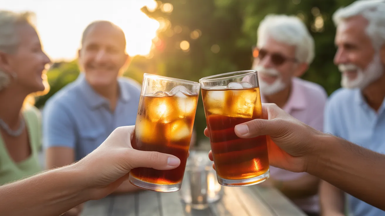 A close-up of two glasses toasting in the golden hour light, with the soft-focus figures of friends celebrating in the background.