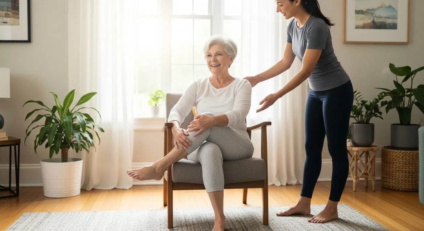 A senior woman smiles while practicing chair yoga in a sunlit living room, guided by a younger instructor.
