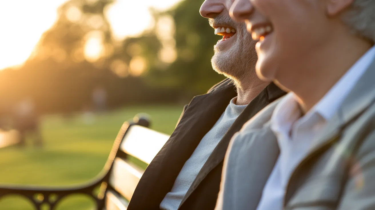 A close-up side view of two older friends laughing together on a bench, illuminated by the warm light of sunset.