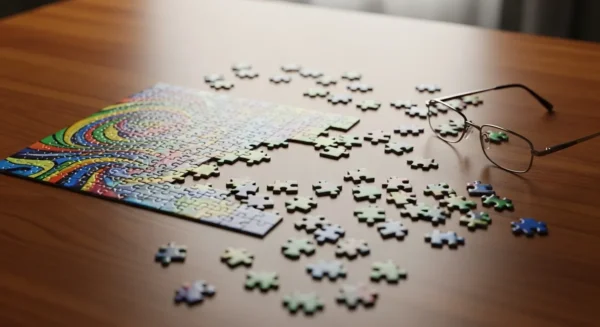 A partially completed jigsaw puzzle and a pair of reading glasses on a wooden table in soft natural light.