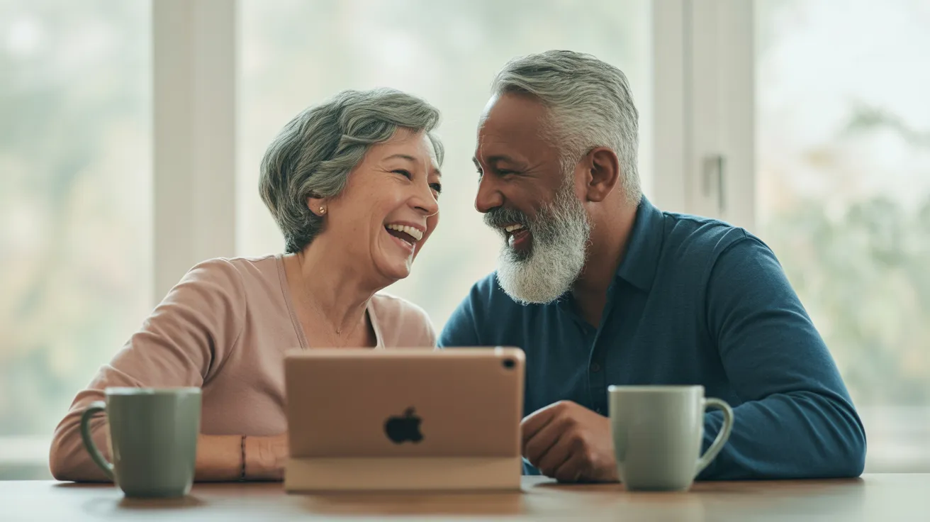 A man and woman in their 70s laugh together while seated at a bright kitchen table with a tablet and coffee.
