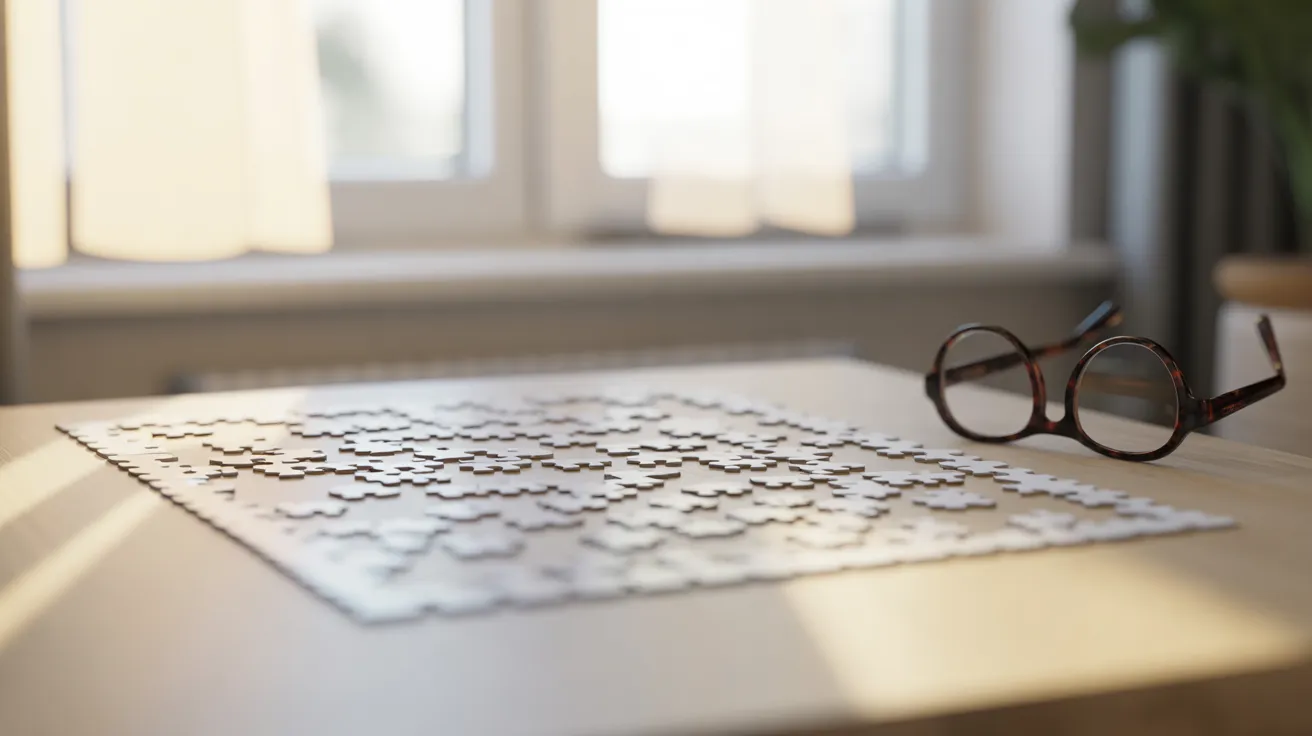 A close-up of a partially completed jigsaw puzzle and a pair of reading glasses on a table, illuminated by gentle morning light.